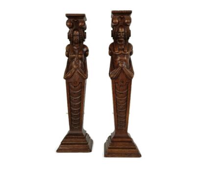 French breton Pair Corbels Hand Carved Wood Panels Architectural reclaimed Figurines Antique Impressive  