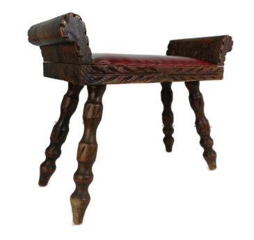 Spanish Vintage  Footstool Ottoman Foot rest Bench Ornate carved wood Faux leather 