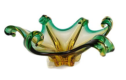 Gorgeous Bowl Dish Centerpiece Green amber Art Glass Murano Italy Vintage