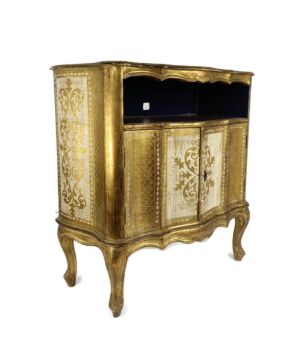 Florentine Wood Nightstand End Table Hall Cabinet White Gold Gilded Italian Stunning Vintage