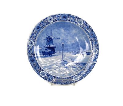 Vintage Charger Plate Delft Blue White de Porceleyne Fles Hand Painted Winter Landscape