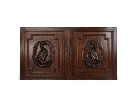 Pair Antique French hand Carved Wood Oak Door Panels Reclaimed Architectural herons Hunter Cabinet  