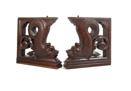 Antique Pair Corbels Hand Carved Wood Mythological Fish Architectural reclaimed Oak Salvaged 