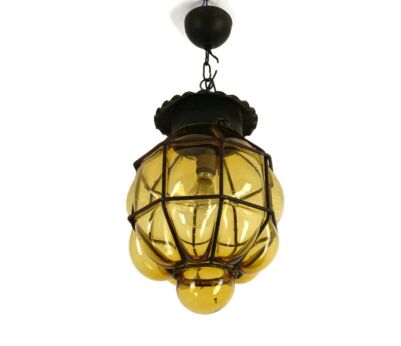 Caged pendant Art glass Ceiling Light Ali Baba Style Bubbled Glass Amber Brown Vintage Iron Frame