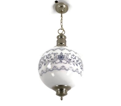 Vintage Opaline Glass Pendant Ball Lamp Blue white Abstract Funky