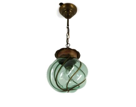 Vintage Caged pendant Light Ceiling Fixture green Glass Art Glass 