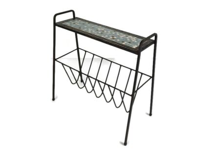 Vintage Mid Century Modern Magazine Rack Newspaper Basket Retro Side Table Mosaic Tiles  