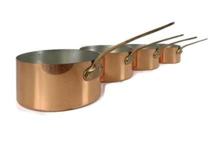 set of 4 Vintage French Metaux Ouvres Vesoul Copper Saute Steel Pans Saucepans Hammered Finish