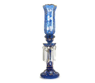 Vintage Art glass Etched Glass Cobalt Blue Desk table lamp Bacarat style Bohemian Prisms Beads  