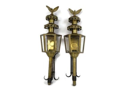 Pair Antique Brass Architectural Carriage Porch Lamp lantern Wall Glass Brass Eagle