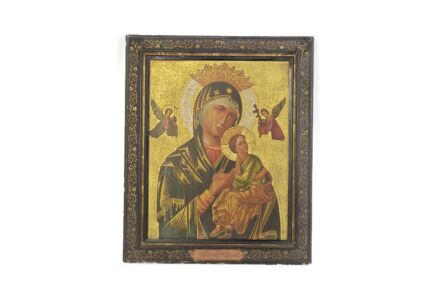 antique Framed Brass Icon Hand Painted Mary Perpetua Succursu with Infant Collector