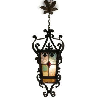 Antique Art Deco Chandelier Pendant Light Ornate Wrought Iron Colored Leaded Glass 