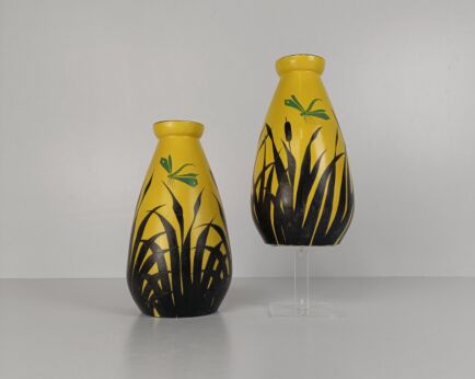 pair Antique Art Deco Vases hand Painted Auguste Mouzin La majolique Wasmuel Belgium