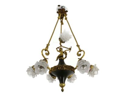 French Empire Chandelier Bronze Dore Putti Glass Porcelain Flowers 7 lights Gorgeous vtg