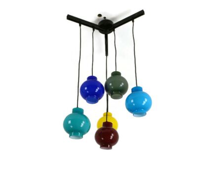 Italian Design Cascase chandelier Fixture Mixed Colored Glass Shades attributed Vistosi Modernist