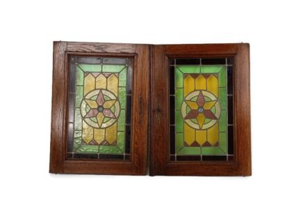 Pair Antique Wooden  Leaded glass Prairie Style Door Panels Reclaimed Architectural Salvaged  