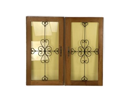 Pair Antique Wooden yellow glass Wrought iron Door Panels Reclaimed Architectural Salvaged