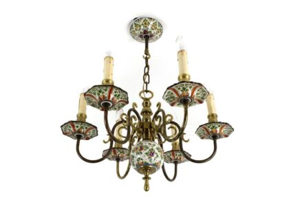 Chandelier 6 lights fixture Delft Polychrome Marked Bronze Porcelain Vintage Farmhouse style