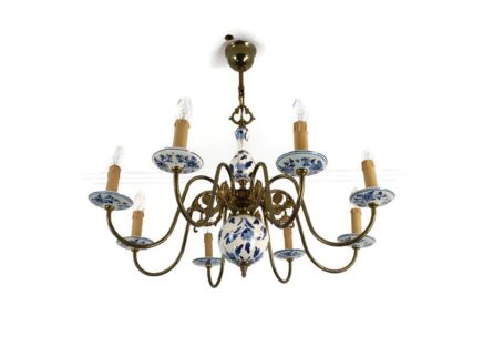 Chandelier 8 lights Arms  fixture Delft Blue White Brass  Porcelain Vintage Farmhouse style