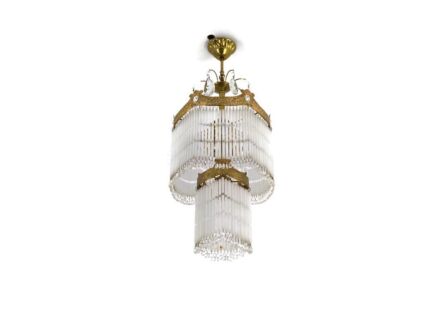 French Vintage Pendant Chandelier with glass tubes Prisms Brass Hobo Chic