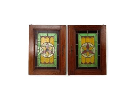 Pair Antique Wooden Leaded glass Prairie Style Door Panels Salvaged Reclaimed Architectural 