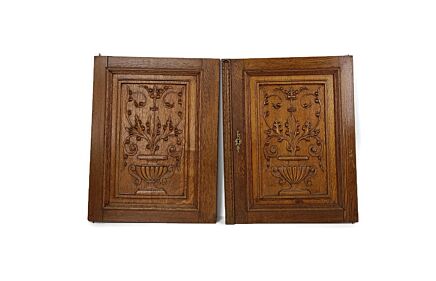 Pair Antique Hand Carved Wood Door Panels Flower Baskets Reclaimed Architectural Salvaged 