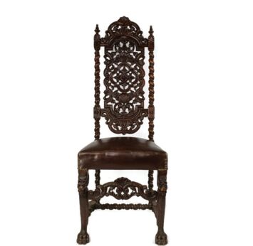 Barley Twist Hand carved Wooden Antique Chair Leather Seating Ornate lion Heads Gothic WOW