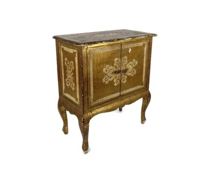 Florentine Wood Nightstand End Table Hall Cabinet White Gold Gilded Italian  Hollywood regency