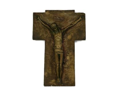 Art Deco Antique Gorgeous Hanging Crucifix Bronze Corpus Plaster  Pol Van Den Branden 