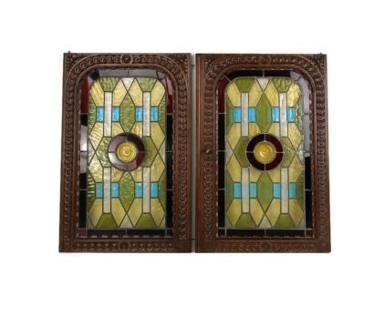 Pair Antique Wooden Leaded glass Prairie Style Door Panels Salvaged Reclaimed Architectural Gorgeous