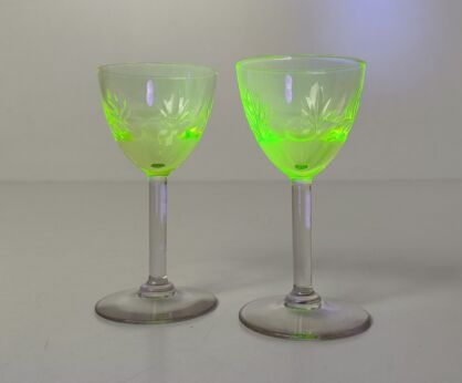 two antique Uranium Yellow Etched glass Drinking glasses light up 