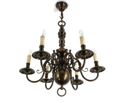 Flemish Dutch Chandelier 6 Arms Lights brass  HTF vintage Barn Farmhouse style