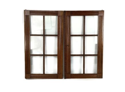 Antique Pair Reclaimed Glass Wooden Door Panels Cabinet Ornate Carved Wood Architectural