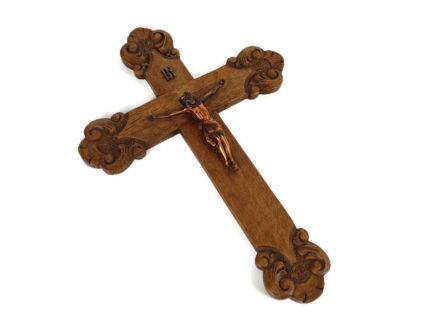 Gorgeous Ornate Hand Carved Wooden hanging Crucifix Cross Copper Corpus Vintage