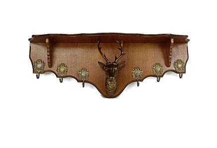 Vintage Coat hat Rack Kitchen Rack Wood Brass Deer Head Hunters rack Hunt 