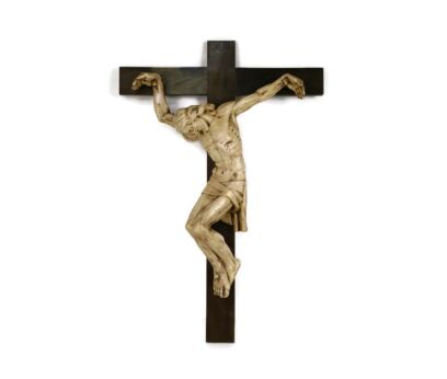 XL Wood Hanging Crucifix Plaster corpus Van Der Meeren Very Dramatic Vintage Signed