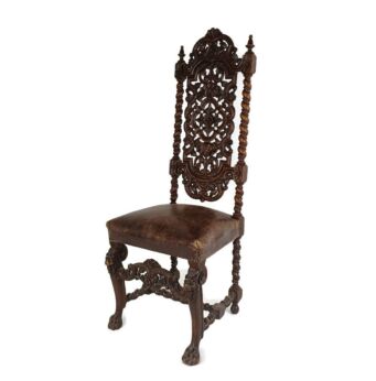 Antique Barley Twist Hand carved Wood Chair Leather Seating Ornate lion Heads Gothic Exquisite