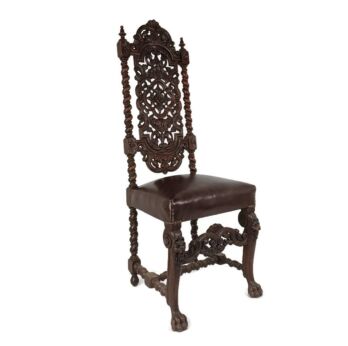 Gothic Antique Barley Twist Hand carved Wood Chair Leather Seating Ornate lion Heads Exquisite