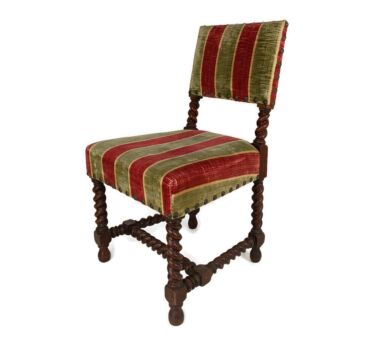 Antique Barley Twist Hand carved Wood Chair Striped Fabric Seating  Exquisite Farmhouse