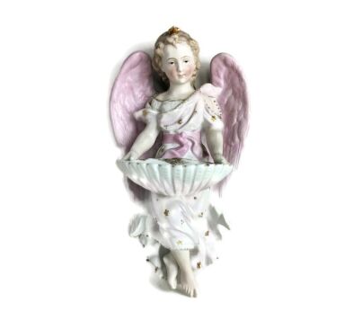 Large French Holy Water Font Angel Hand Painted Bisque Pastel Collector gorgeous 