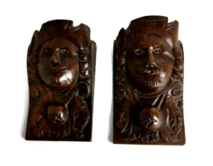 two small hand carved wooden figurines antique trims corbels reclaimed architectural Breton style