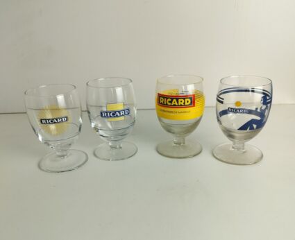 4 different French Ricard Glasses Pastis Apero France Collector Very Rare Vintage