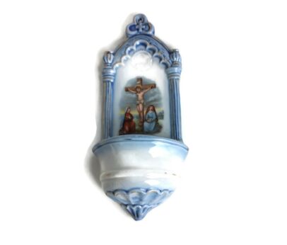 antique small Holy water Font Vessel Bisque Porcelain Crucifixion Calvary Lovely