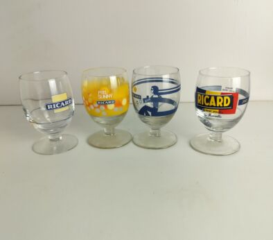 collection of 4 different French Ricard Glasses Pastis Apero France Collector Very Rare 