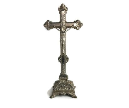 Vintage Standing Table Crucifix Cross Spelter Faux brass Crucifixion Golgotha 