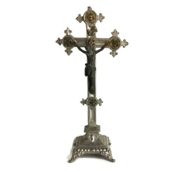 Ornate Vintage Standing Table Crucifix Cross Spelter Faux brass Crucifixion Golgotha 