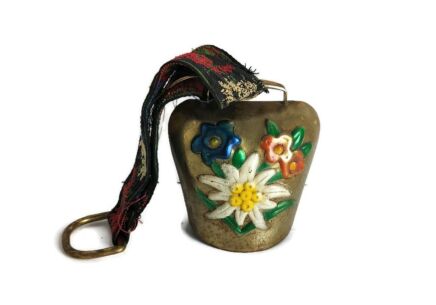 Vintage Authentic Cowbell Rustic Bell Fabric Embroidery Strap Edelweiss Austria