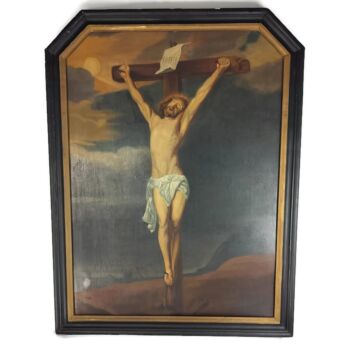 Very Large Antique Painting Oil on Wooden panel Crucifixion after Antoon Van Dyck 