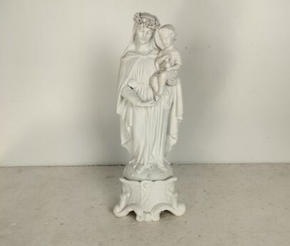 Antique Bisque Porcelain Statue Figurine Virgin Mary Madonna Infant Jesus Flower Wreath 