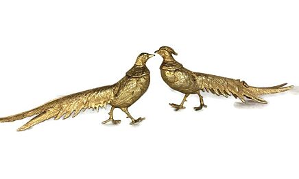 Couple Pair Pheasants  Mid Century Modern Table Pieces Gilded Metal  Vintage 